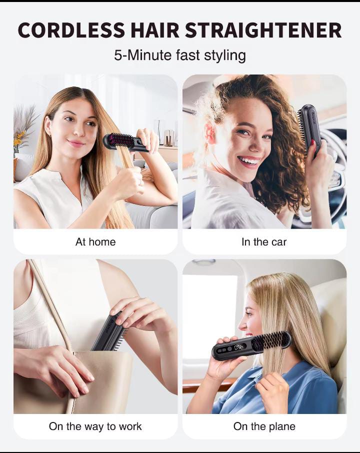 Wireless Hair Brush Cordless Hair Straightening Brush for Women Touch ups on The go Styling Hot Comb with Negative Ion Lightweight Mini Travel USB Rechargeable